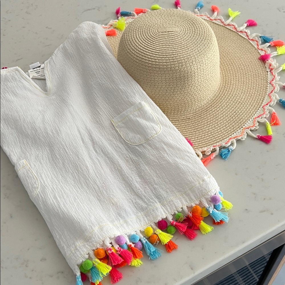 Mud Pie White Kids Swim Coverup poncho with Colorful Tassels and sun hat